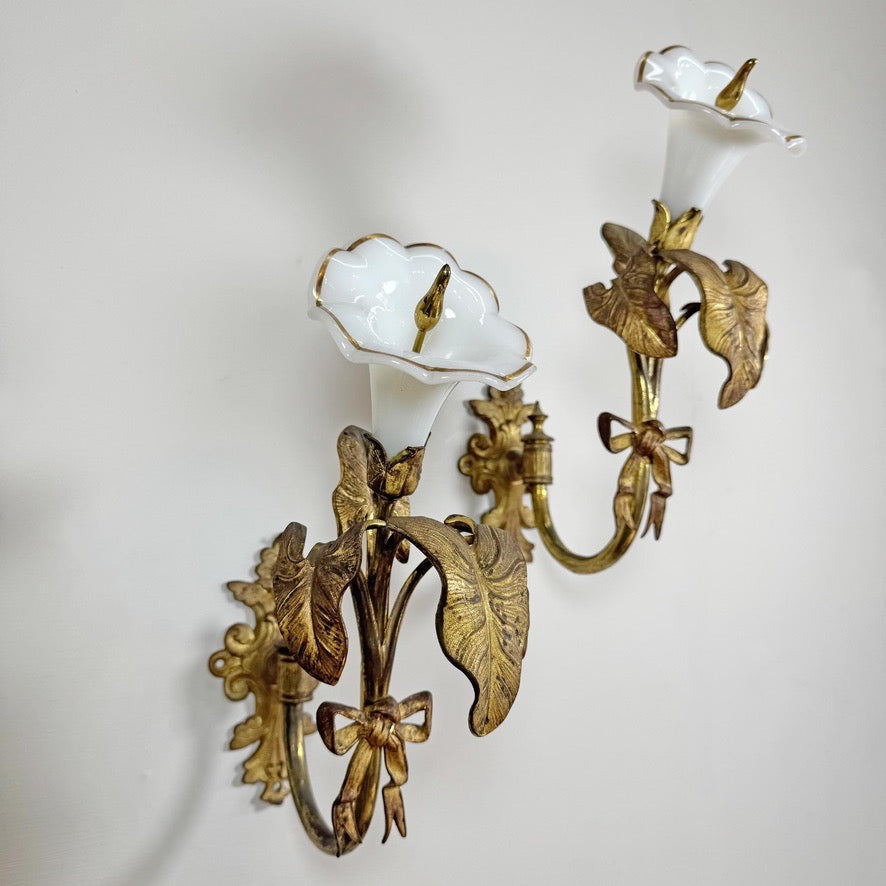 RW Winfield Art Nouveau Opaline and Brass Flower Wall Sconces 1845