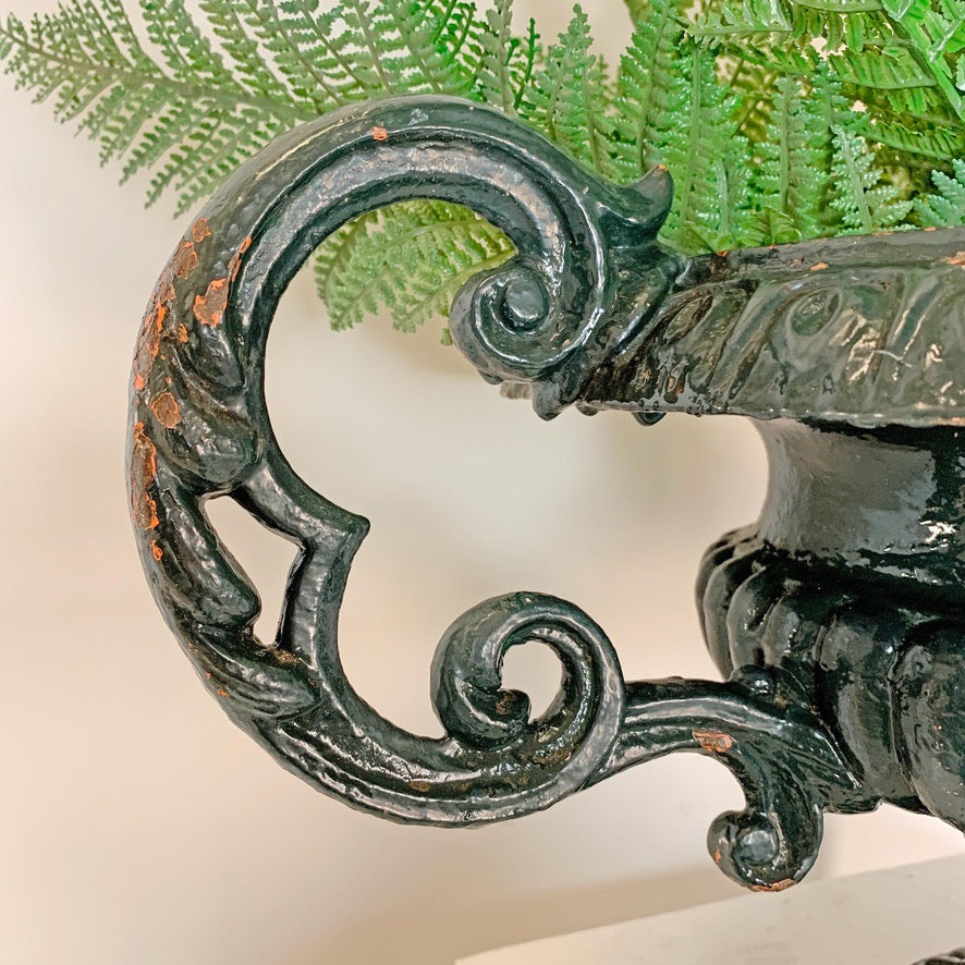 19th C French Green Cast Iron Urn With Decorative Handles