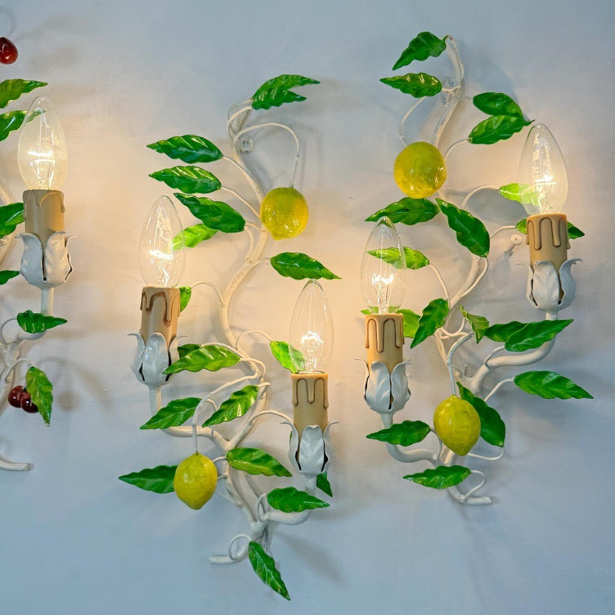 Italian Lemon and Cherries Tole Wall Lights Set of 3