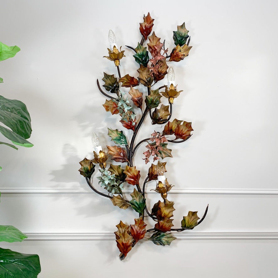 Exceptional Italian Hand Painted Holly Leaf Wall Sconce of Huge Scale