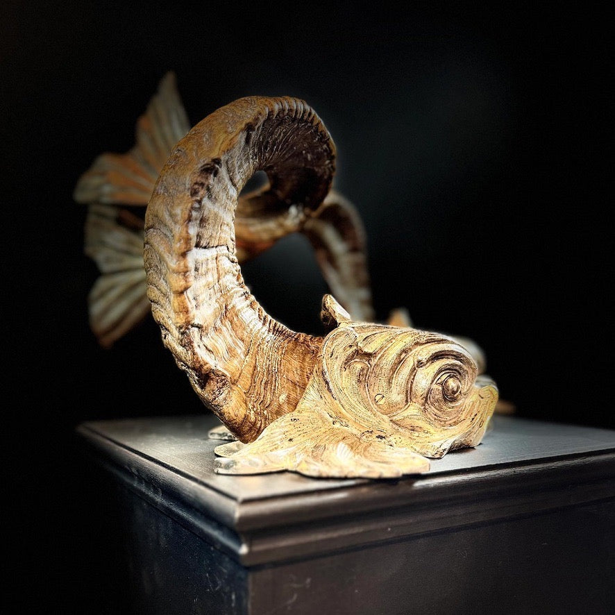 Gabriella Crespi 'Coppia di Delfini' Pair of Rams Horn and Silvered Bronze Mythical Dolphins Each Signed to Base