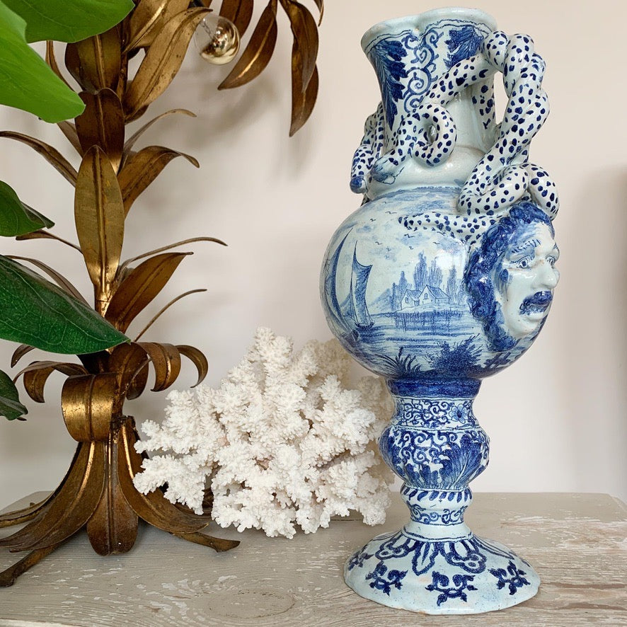 Late 18th Century Delft Style Blue and White Bacchus Serpent Handled Vase