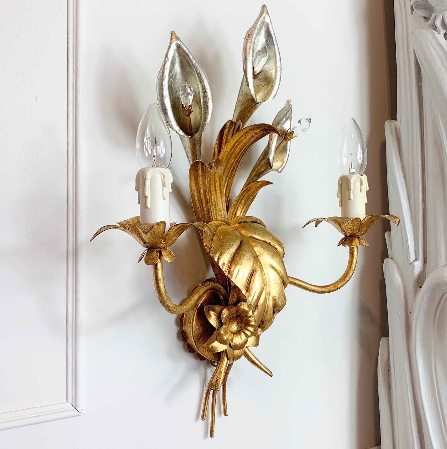 Pair of Hans Kogl Gold & Silver Calla Lily Wall Sconce, C 1970'S