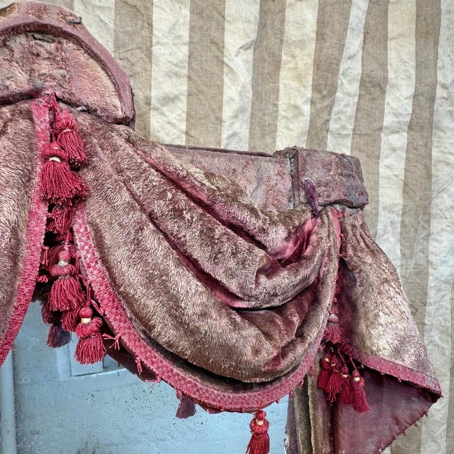 Theatrical Burgundy Antique Velvet Mirror with Drapes and Swags 19th Century