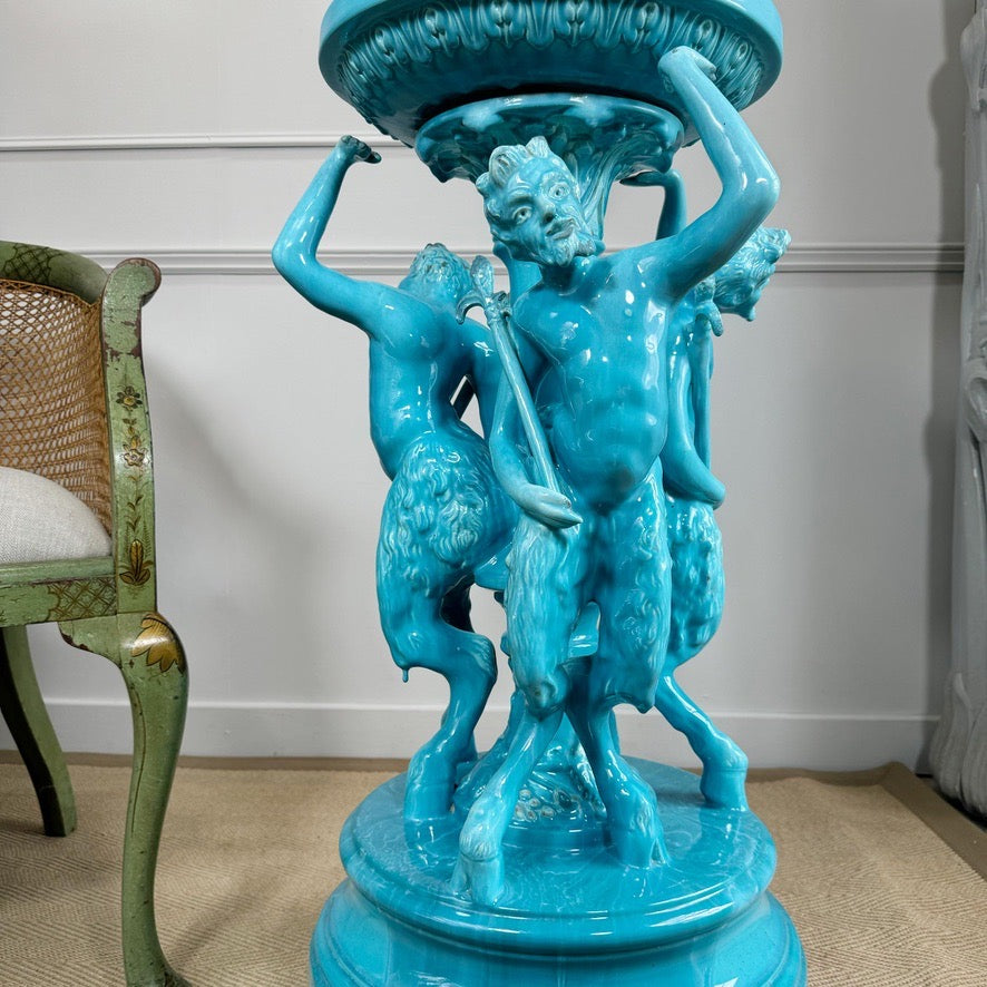 Jerome Massier Blue Glazed Faience Satyr Planter and Stand