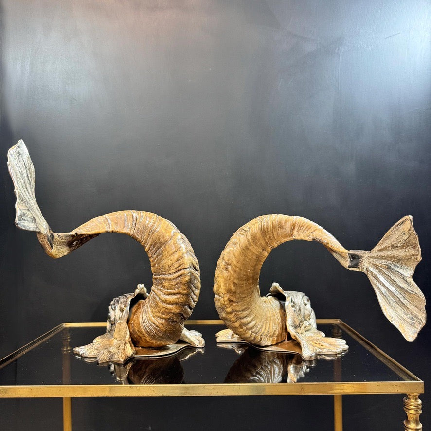 Gabriella Crespi 'Coppia di Delfini' Pair of Rams Horn and Silvered Bronze Mythical Dolphins Each Signed to Base