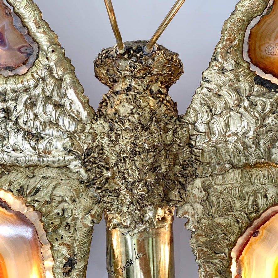 Isabelle Faure Signed Illuminated Gold Butterfly Sculpture in Brass and Agate