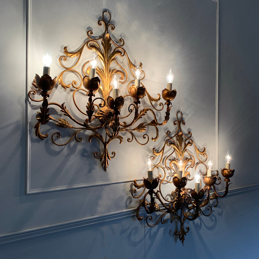 Pair Of Large Gold Palladio Wall Sconces Italy 1960's