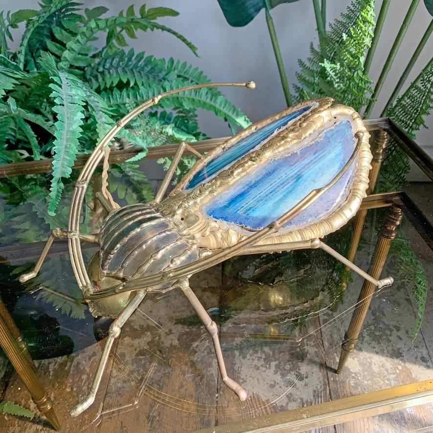 Henri Fernandez Illuminated Gold Blue Agate Sculpture of a Longhorn Beetle