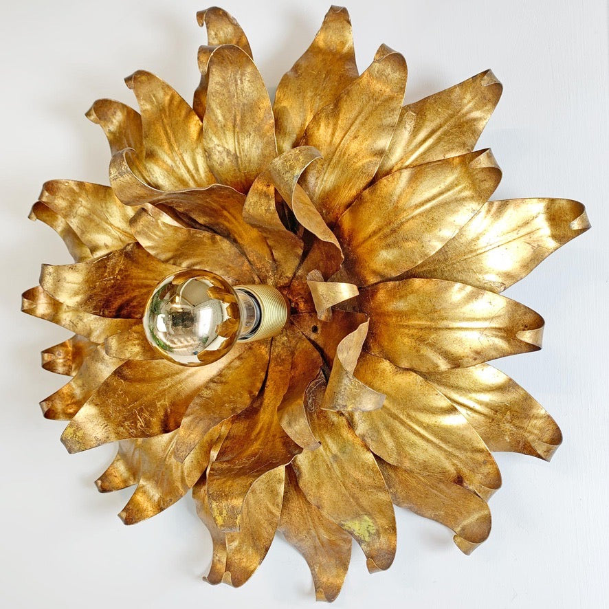 1960s Large Toleware Italian Gold Flower Light