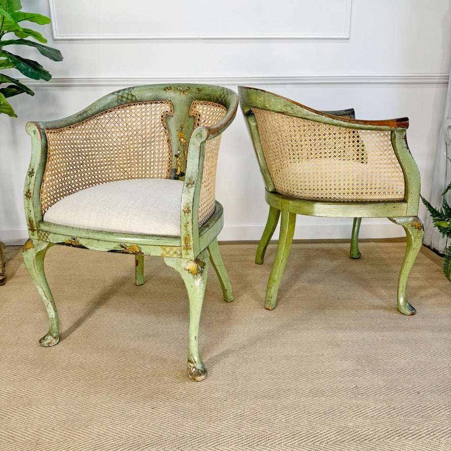 Pair of 19th Century Green Queen Anne Revival Chinoiserie Bergere Chairs