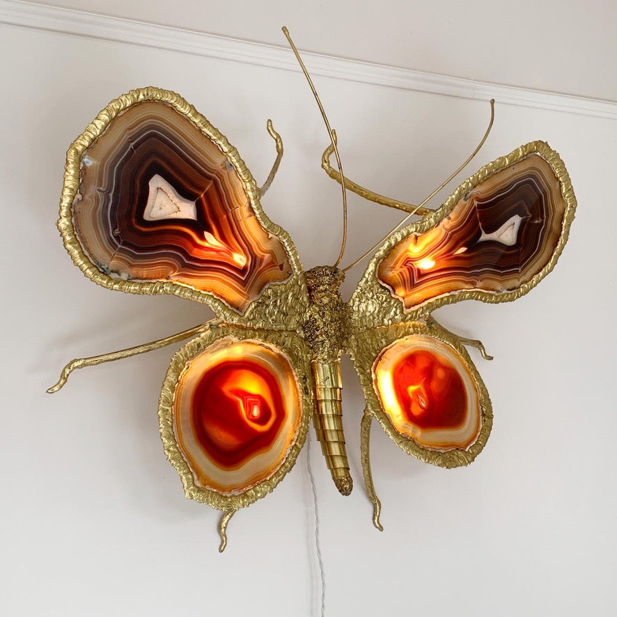 Isabelle Faure Signed Illuminated Gold Butterfly Sculpture in Brass and Agate