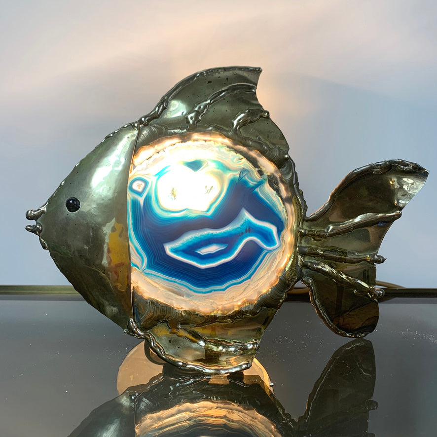 Jacques Duval-Brasseur Illuminated Blue Agate Gold Fish Lamp