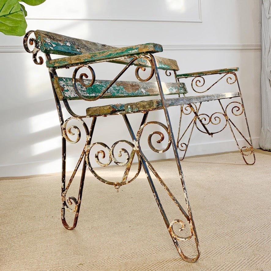 1950's Wrought Iron Slatted Garden Bench