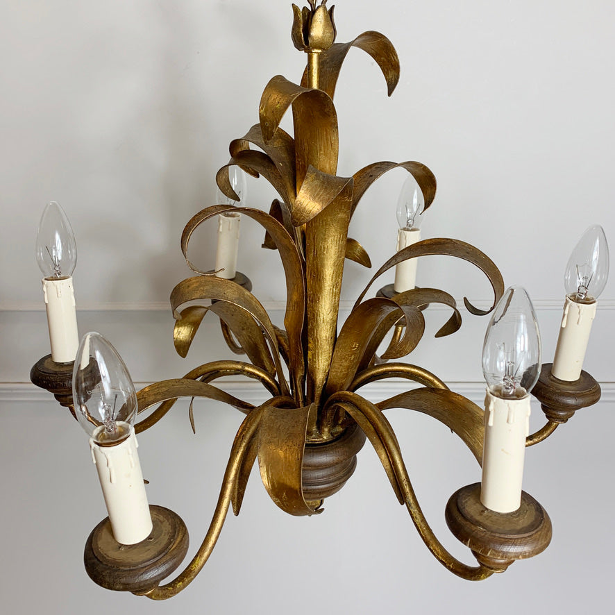 Italian Broad Leaf Gold Chandelier 1970's
