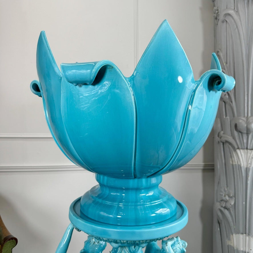 Jerome Massier Blue Glazed Faience Satyr Planter and Stand