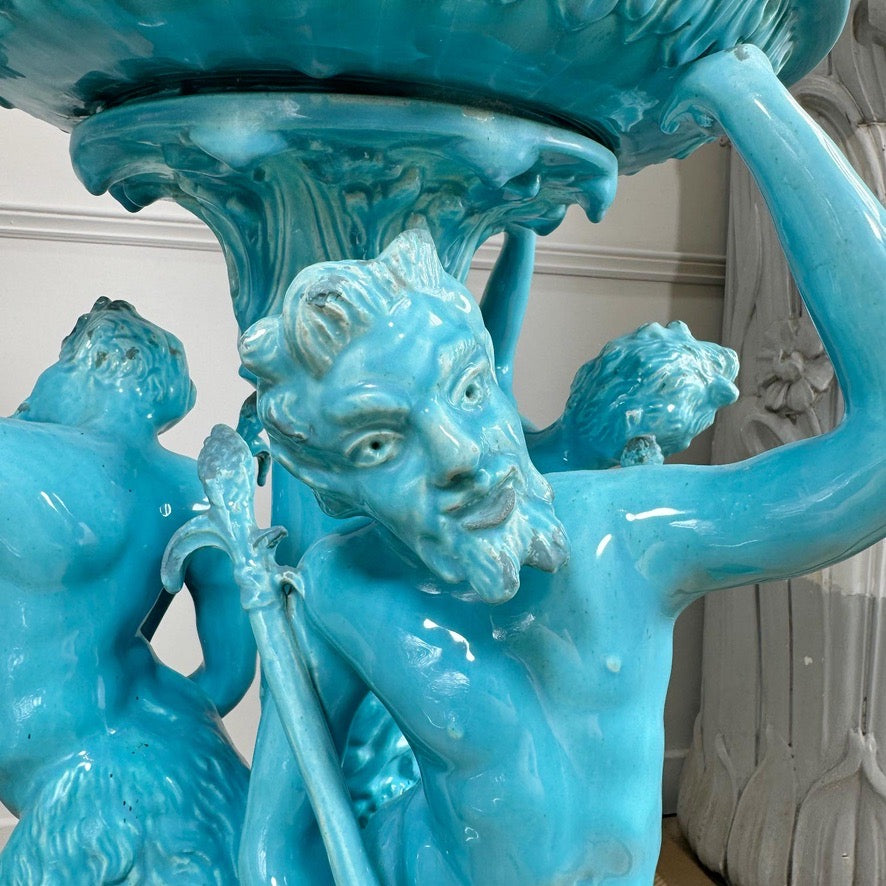 Jerome Massier Blue Glazed Faience Satyr Planter and Stand