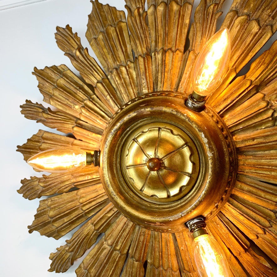 Carved Gilt Wood Church Sunburst Light Circa 1920