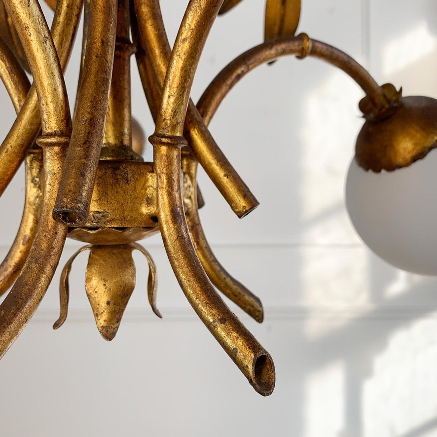 Hans Kogl Gilt Faux Bamboo Chandlier with Glass Globes