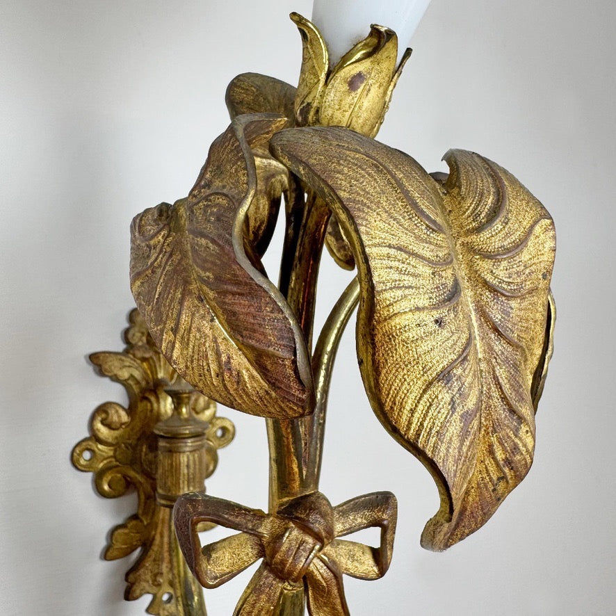 RW Winfield Art Nouveau Opaline and Brass Flower Wall Sconces 1845