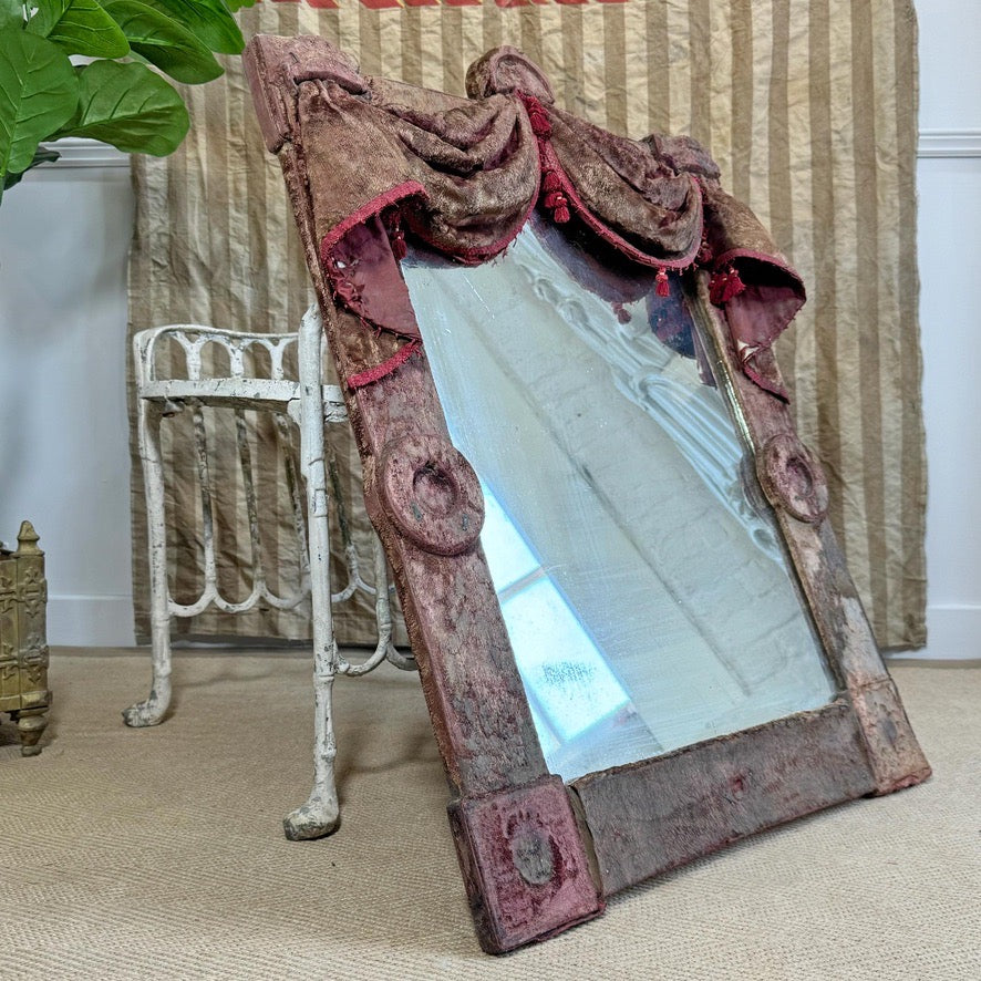 Theatrical Burgundy Antique Velvet Mirror with Drapes and Swags 19th Century