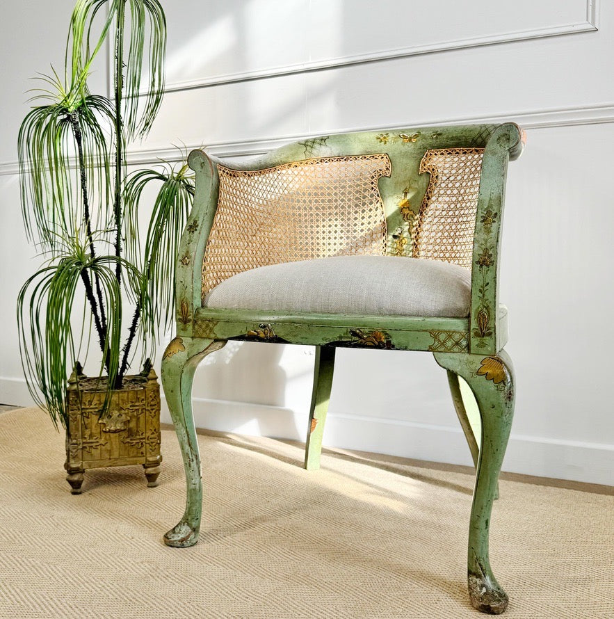 Pair of 19th Century Green Queen Anne Revival Chinoiserie Bergere Chairs