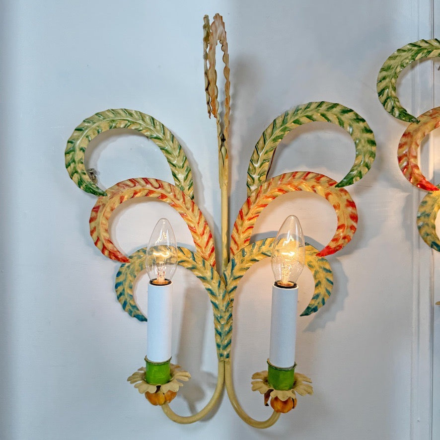 1970's Polychrome Feather Frond Wall Lights