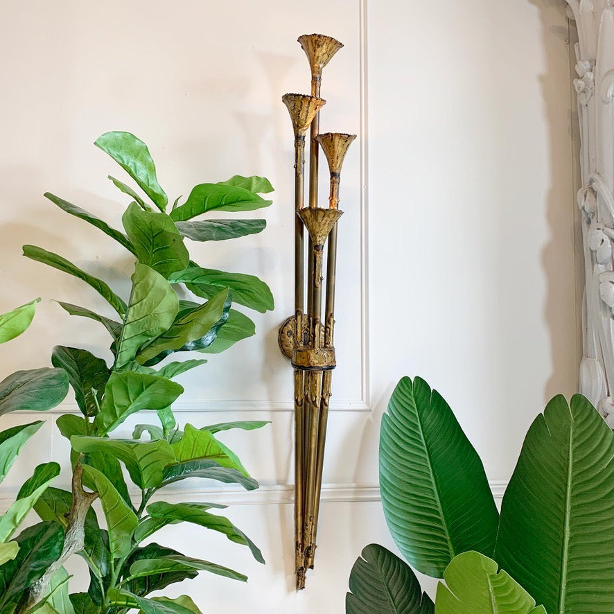 Brutalist Gold Lotus Torchiere Wall Light by Tom Greene for Feldman 1970's