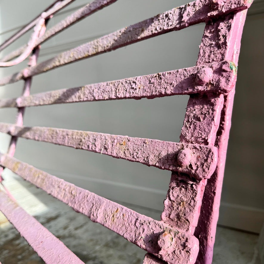 Early Victorian Scroll Arm Wrought Iron Pink Bench of Exceptional Proportions