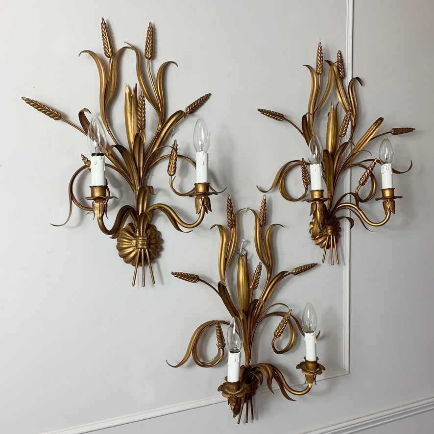 Set Of 3 Hans Kogl Gold Wheat Sheaf Wall Lights