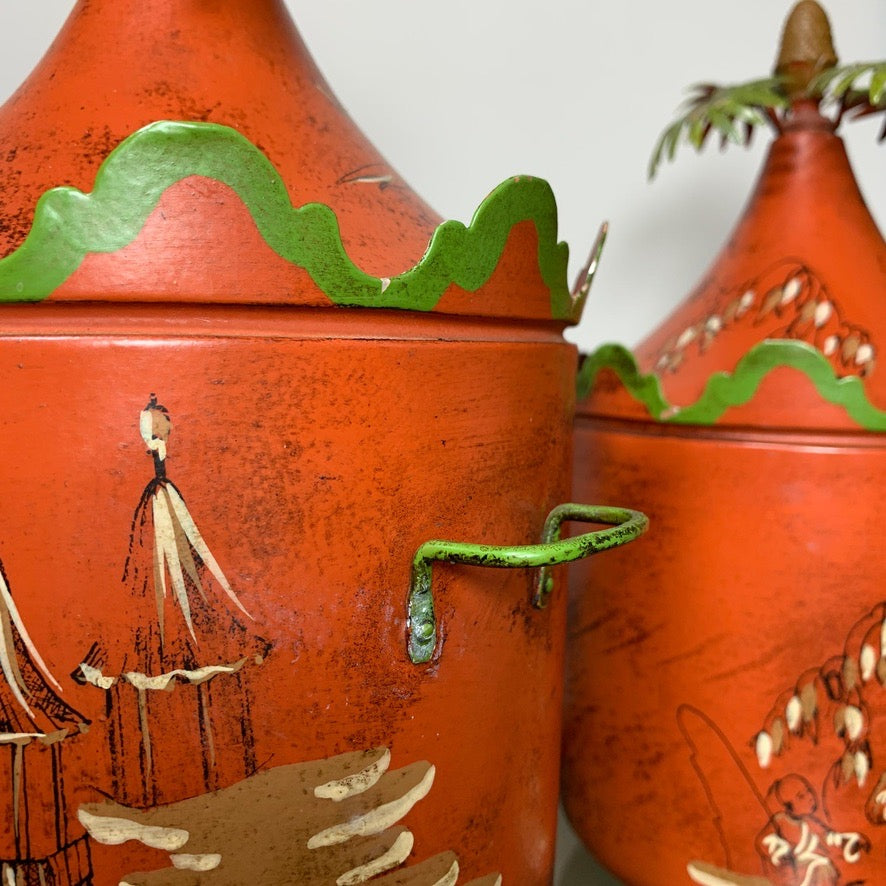 Red Italian Hand Painted Chinoiserie Ice Buckets 1950's