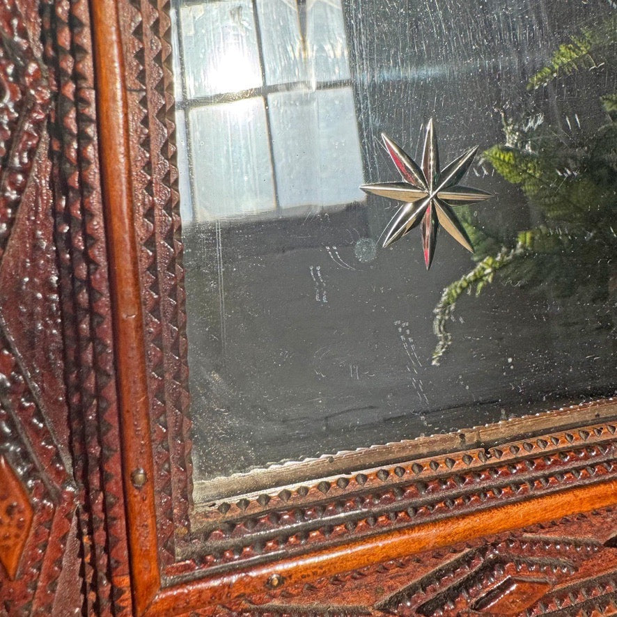 19th Century Tramp Art Mirror with Etched Cut Stars
