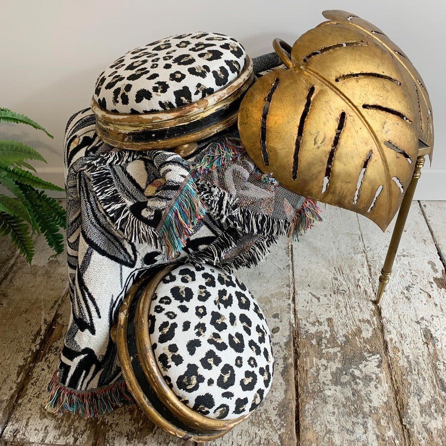 Victorian Petite Foot Stools in Woven Leopard Jacquard Fabric