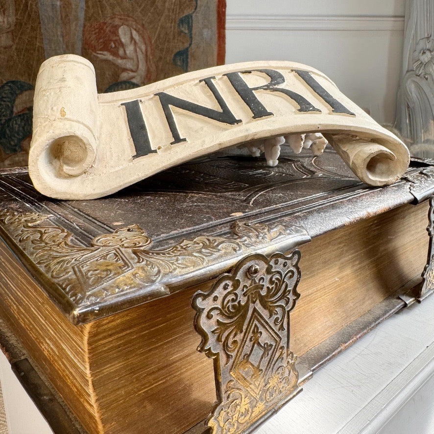 Carved Wood Religious INRI Scroll 18th Century