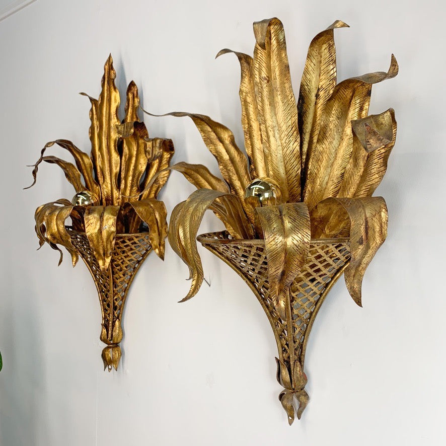 Pair of Italian Gilt Tole Palm Leaf and Coronet Wall Lights