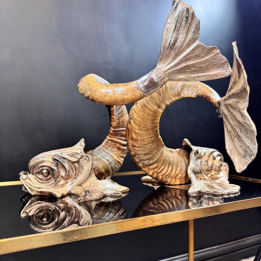 Gabriella Crespi 'Coppia di Delfini' Pair of Rams Horn and Silvered Bronze Mythical Dolphins Each Signed to Base