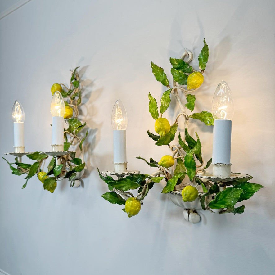 Vintage mid century Italian lemon toleware wall lights
