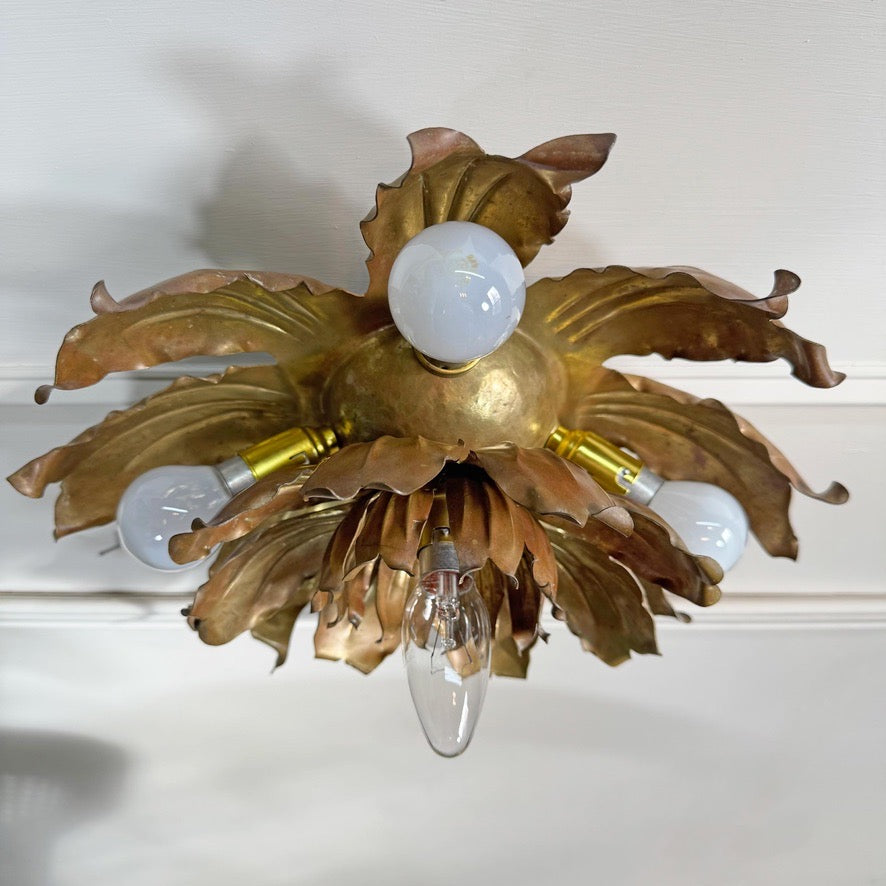Mid Century Brutalist Copper and Brass Flower Ceiling Light