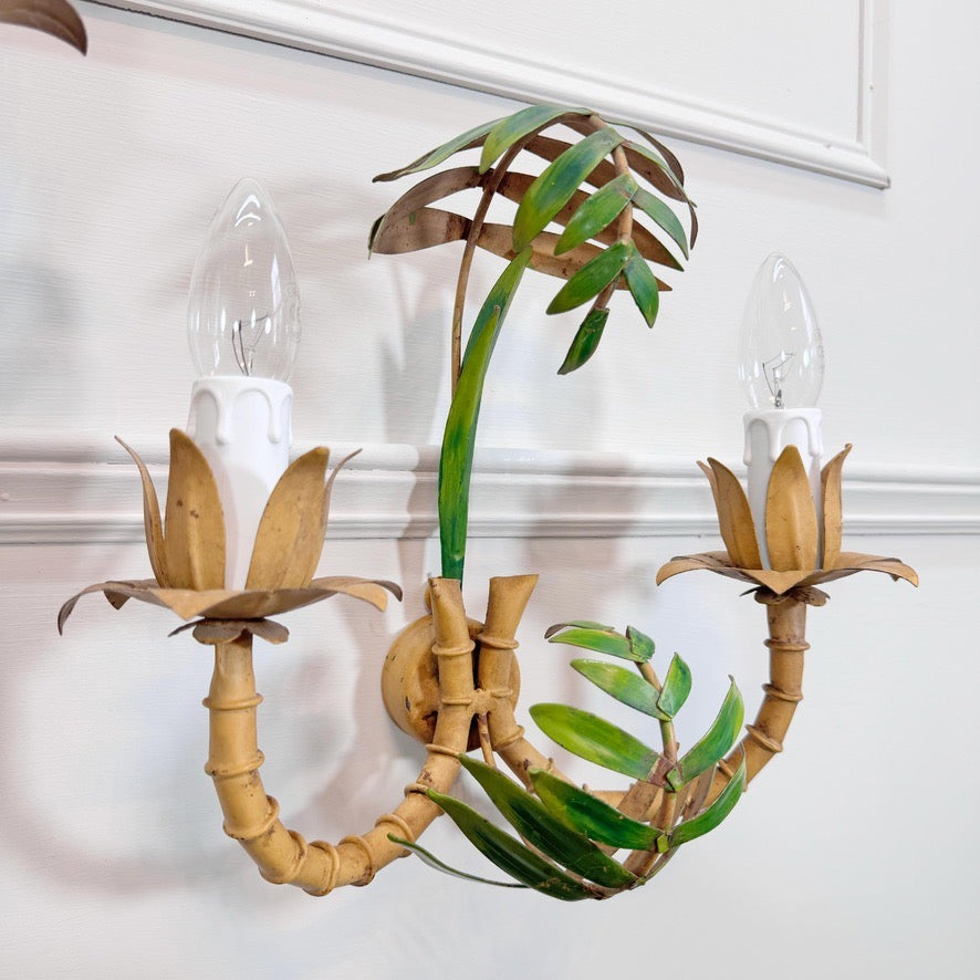 Vintage Pair of Faux Bamboo Palm Wall Lights 1950's Italian