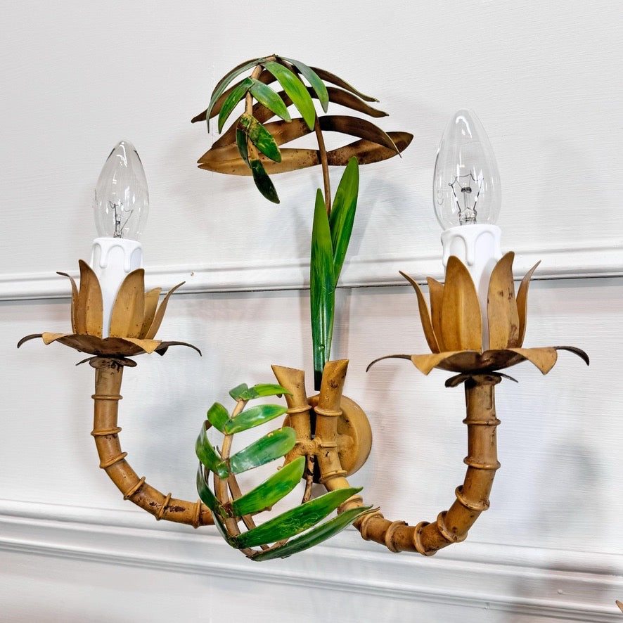 Vintage Pair of Faux Bamboo Palm Wall Lights 1950's Italian