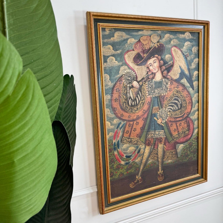 Antique Cuzco School Oil Painting On Canvas Archangel Raphael 19th Century