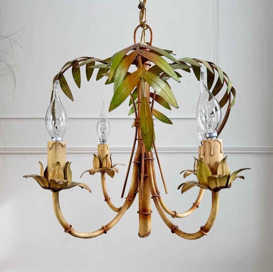 Mid Century Italian Faux Bamboo Palm Tole Chandelier 1950's