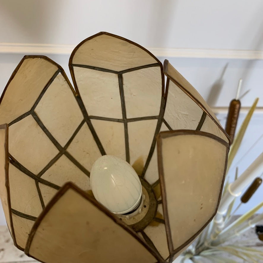 1980's White Bamboo & Bulrush Floor Lamp With Shell Shades