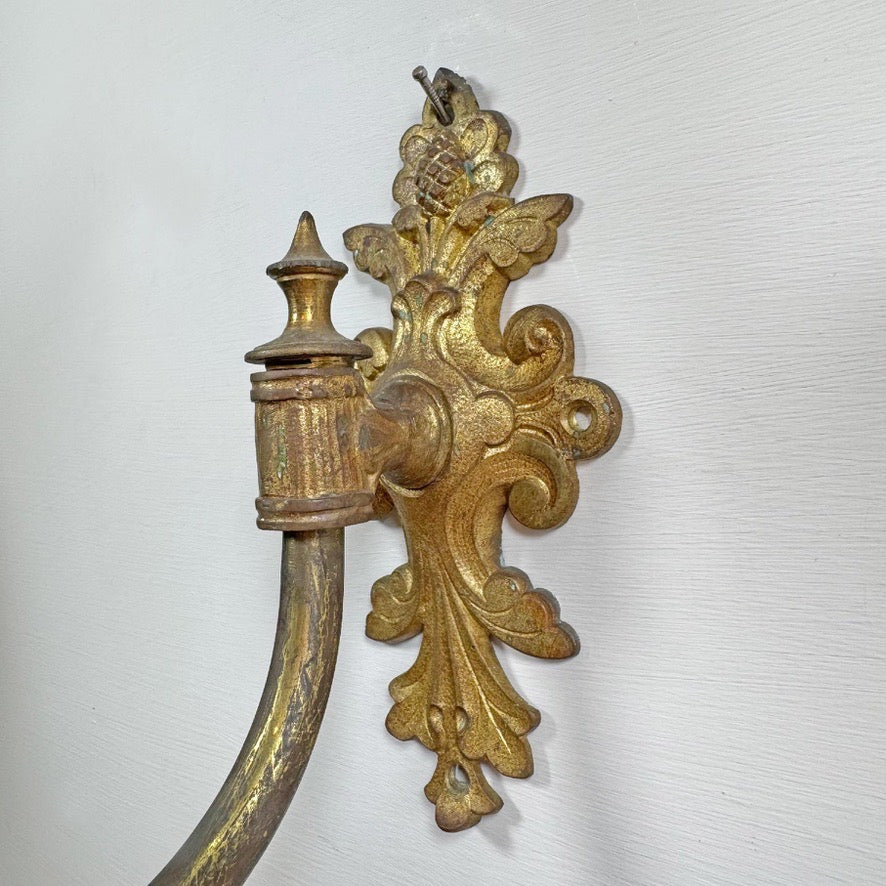 RW Winfield Art Nouveau Opaline and Brass Flower Wall Sconces 1845