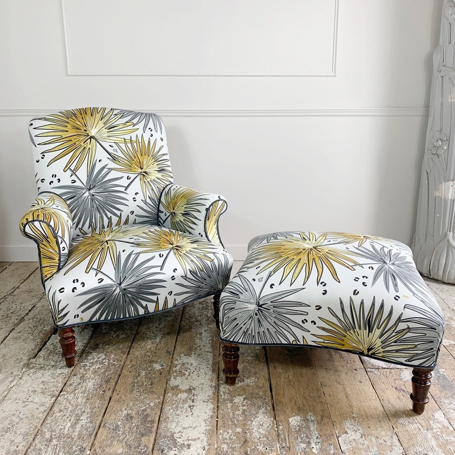 19th Century French Napoleon lll Armchair and Footstool in Tropics 'Fan Palm' Fabric