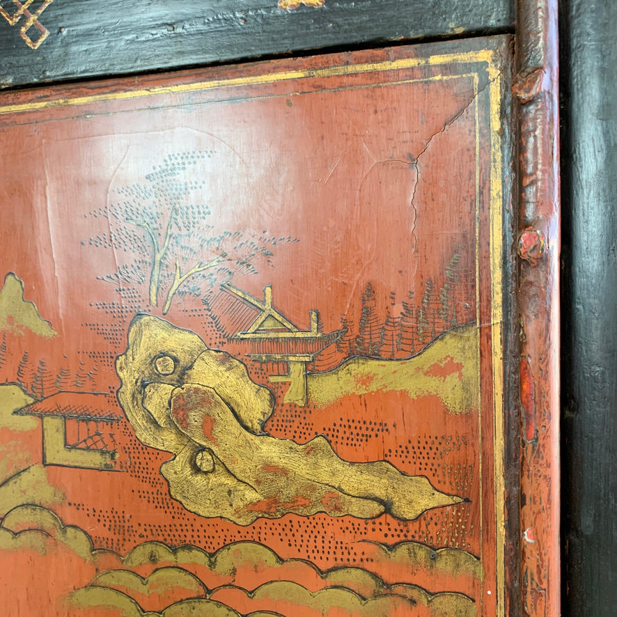19th C Crimson Red On Black, Chinoiserie Cabinet
