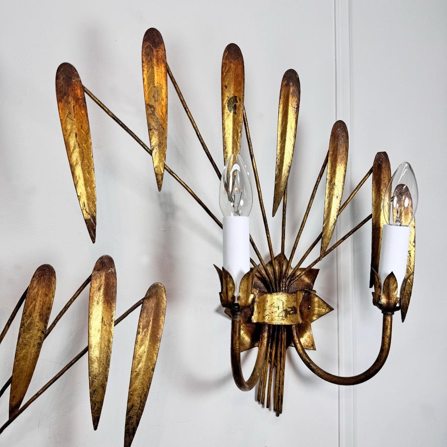 Vintage Pair of Ferro Art Gold Leaf Wall Lights