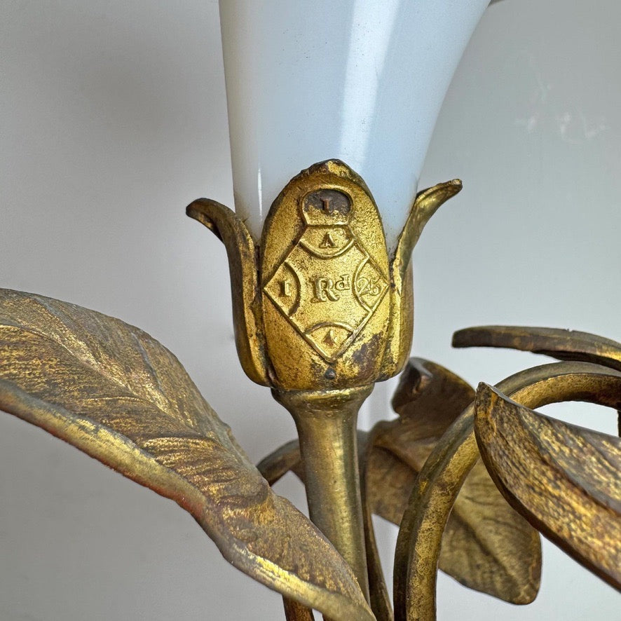RW Winfield Art Nouveau Opaline and Brass Flower Wall Sconces 1845