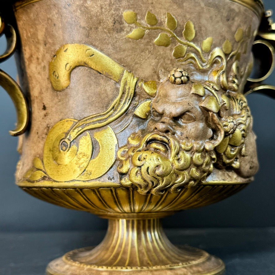Pair of Ferdinand Barbedienne Low Handled Bronze Urns after the Zaffoli Borghese Vase