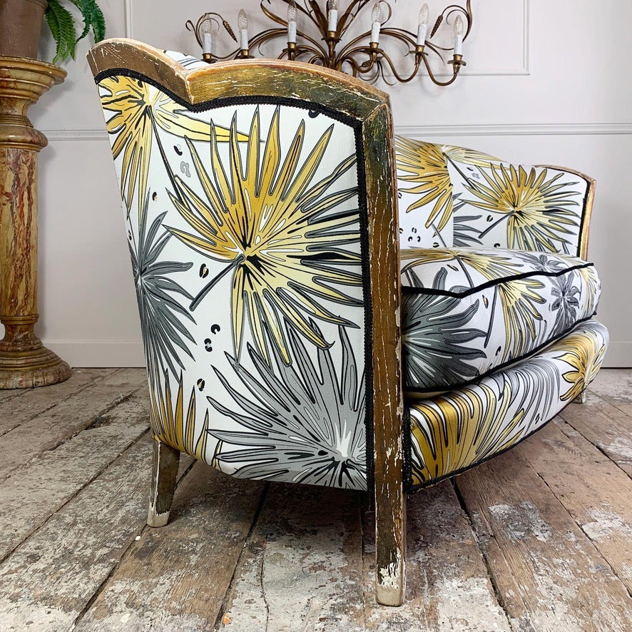 Antique French Parlour Settee in Tropics 'Fan Palm' Fabric
